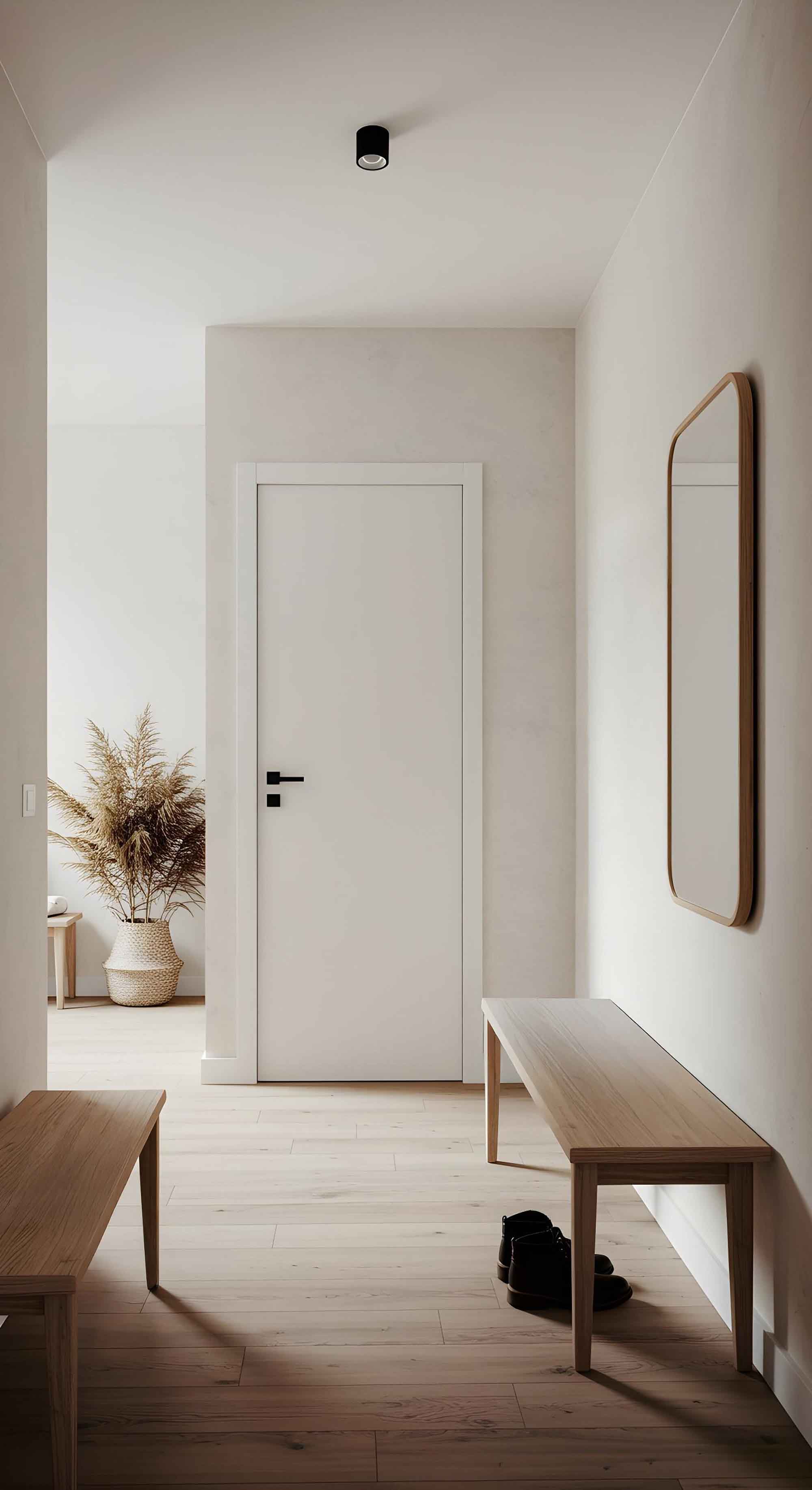 Interior minimalista del pasillo con banco de madera y espejo en nerja